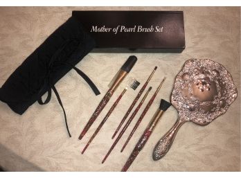 Mother Of Pearl Cosmetic Brush Set & Vanity Mirror - ALL NEW IN BOX!