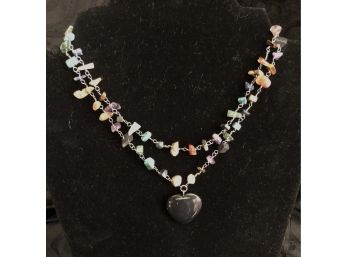 Genuine Multi-Stone Double Strand Necklace & Heart Pendant