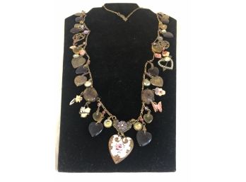 Vintage Glass Works Studio Multi-Colored Enamel Crystal Heart Necklace 34'