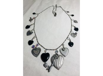 Vintage Glass Works Studio Black & Silver Crystal Heart Necklace 34'