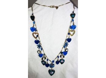 Vintage Glass Works Studio Blue Crystal & Enamel Glass Heart Necklace 34'