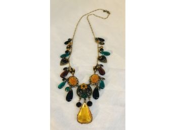 Vintage Glass Works Studio Amber & Green Teardrop Crystal Necklace 30'