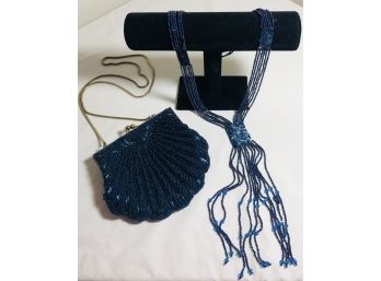 Handmade Blue Crystal Necklace & Beaded Evening Bag