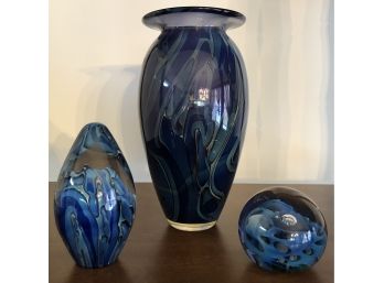 Gorgeous Hand Blown Glass Vase & Paperweights (Signed)