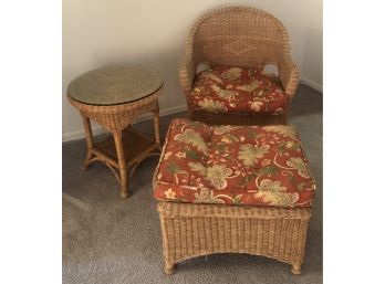 Boho Style Rattan Chair, Ottoman, Cushions & Accent Table