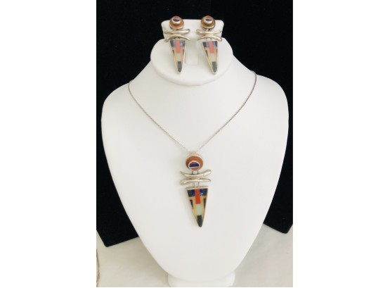 Sterling Semi-Precious Inlay Stone Necklace, Pendant & Earrings (16.5 Grams)