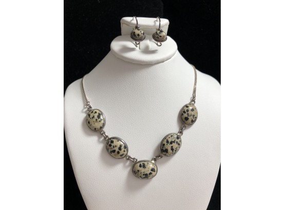 Sterling Silver Dalmatian Jasper Necklace & Earrings  (16.5 Grams)
