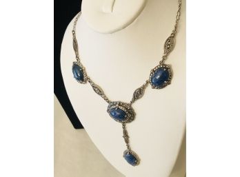 Sterling Silver Marcasite Lapis Necklace (15.9 Grams)
