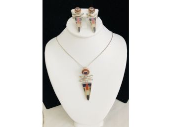 Sterling Semi-Precious Inlay Stone Necklace, Pendant & Earrings (16.5 Grams)