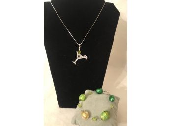 Artisan Foil Glass Bracelet & Crystal Martini Necklace
