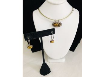 Sterling Silver Amber Necklace & Earrings (5.5 Grams)