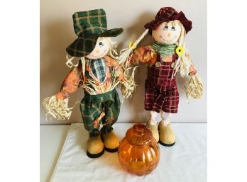 Scarecrow Couple & Pumpkin Candy Jar