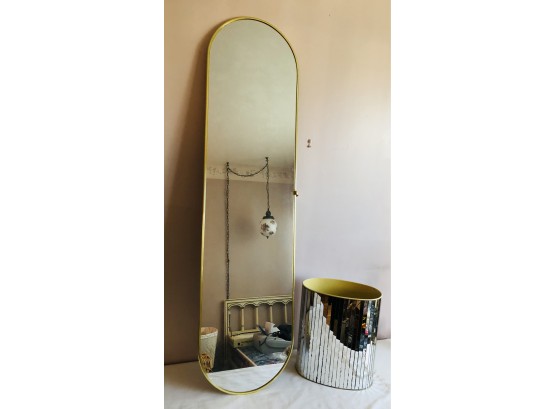 Mid-Century Full Length Mirror & Mirrored Wastebasket