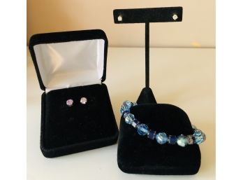 Sterling Silver Stud Earrings & Crystal Bracelet