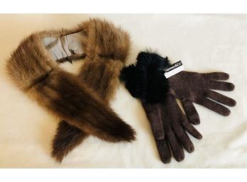 Ladies Mink Collar & Rabbit Fur Trimmed Angora Gloves