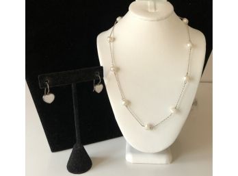 Sterling Silver Pearl Necklace & Mother Of Pearl Earrings (7.6 Grams)