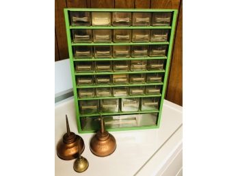 Vintage Metal Hardware Cabinet & Oil Cans