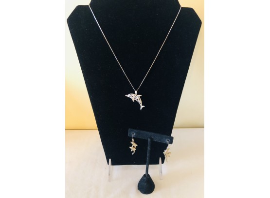 Sterling Silver Dolphin Necklace & Earrings (10.2 Grams)