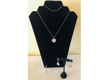 Sterling Silver Rose Quartz Necklace & Mother Of Pearl Earrings (10.4 Grams)