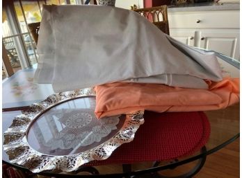 Table Top Lot - One Round 42 Inch Tablecloth, Soft White Table Padding For 96 Inch Table , Silver Serving Pc.
