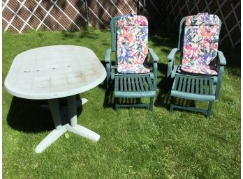 Outdoor Furniture - Hard Durable Plastic 2 Chairs That Extend To Loungers One Table