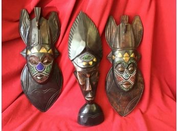 3 Hand Carved And Beaded African Art - Approx 18' High,  Each