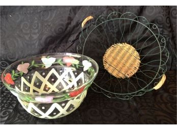 Hand Painted Serving Bowl & Wrought Iron Basket