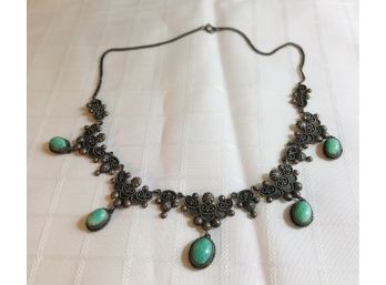 Silver And Raw Turquoise Ornate Necklace - 22.8 Grams