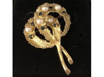 Vintage 14K Gold Pearl And Sapphire Brooch - 8.7 Grams