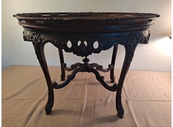 Antique Inlaid Wooden Side Table With Glass Top