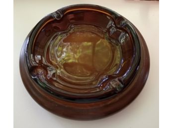 Vintage Amber Glass & Wood Ashtray By Cornwall Wood Products