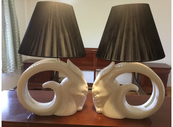 Pair Of Large White Ram Ceramic Lamps Includes Pair Of Black Empire Silk String Lampshades