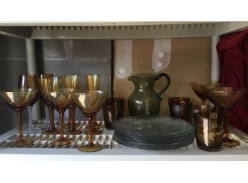 Colored Glassware Shelf Lot #1 Pitcher, Glasses And Plates