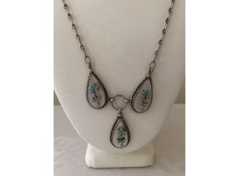 Artisan Silver Mother Of Pearl Turquoise Necklace Signed  (16.7 Grams)