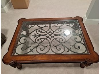 Ethan Allen Wooden Coffee Table With Glass And Metal Top