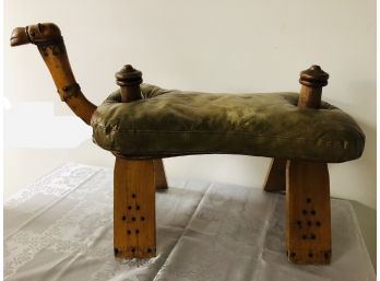 Artisan Wooden & Leather Camel Stool