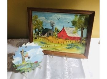 Countryside Paintings On Canvas & Saw Blade (Signed & Dated)