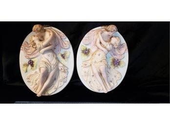2pc Antique Lovers Figural Wall Plaques