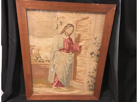 (034) Antique Jesus Needlepoint In Wooden Frame
