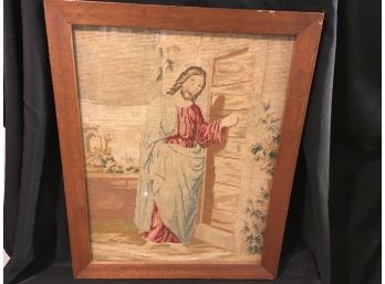 (034) Antique Jesus Needlepoint In Wooden Frame