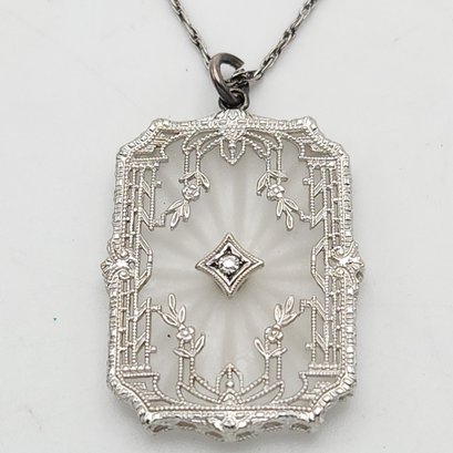 Antique Sterling Silver Camphor Glass Pendant W Diamond Accent On 18' Sterling Chain