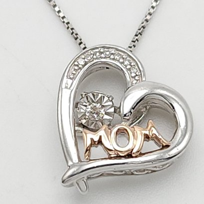 Beautiful Like New 925 & 10k Rose Gold  Diamond Mom Heart Pendant On 18' Sterling Silver Chain
