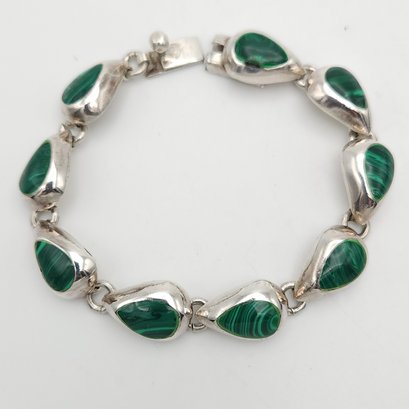 Hand Crafted In Mexico Sterling Silver Malachite 1/2' Wide 7' Bracelet