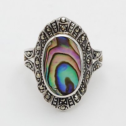 Sterling Silver Abalone & Marcasite Statement Ring Sz 9