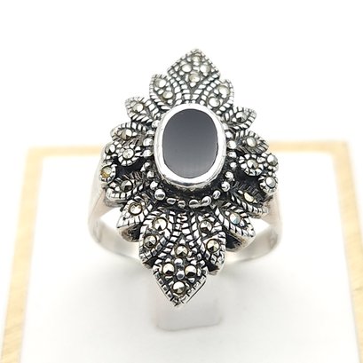 Sterling Silver Onyx & Marcasite Ring Sz 8