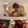Box Of Small Ornaments And Tub Of Holiday Ribbon