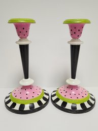 Whimsical And Colorful Hand Painted  Silver Plate Tall Candlesticks - Vintage Becomes Chic