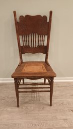 Antique Oak Press Back Chair With Cane Seat