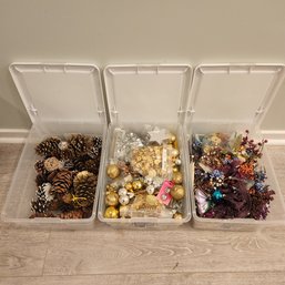 Three Totes Full Of Crafting Supplies Pinecones, Silver And Gold Decor And Floral Decor