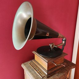 Refinished Antique Victor Talking Machine With Brass Horn And Iron Arm
